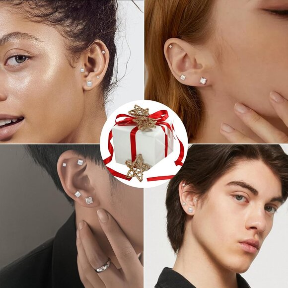 4 Pairs Hypoallergenic Stainless Steel Square Stud Earrings for Men and Women - Picture 5 of 7